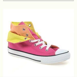 Converse  All Star High top double tongue sneaker shoe Hot Pink Yellow Junior 2